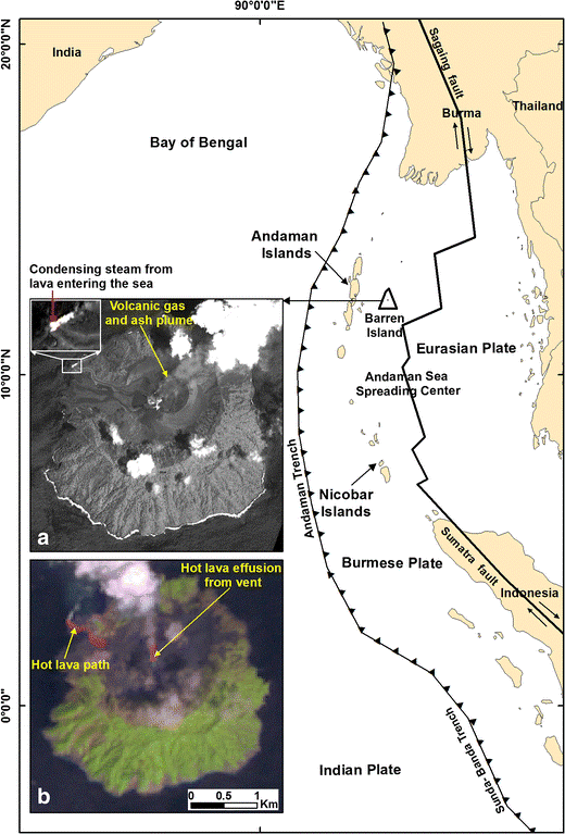 Comparative satellite images of Barren Island volcano