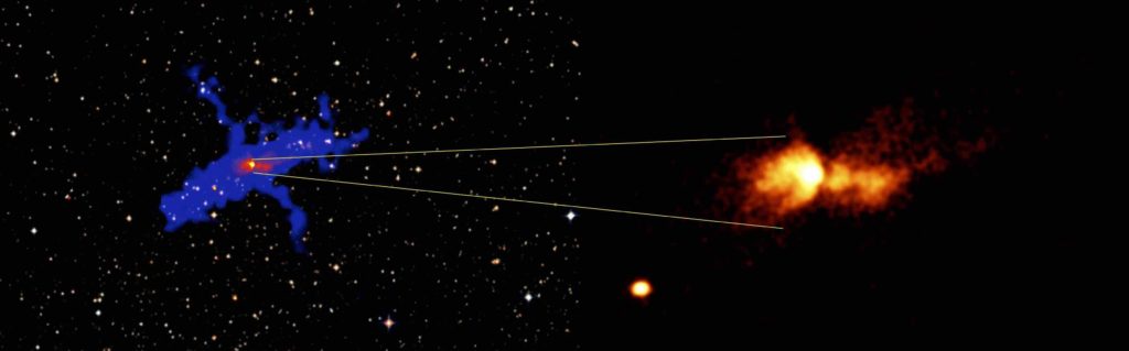 On the right is a false-colour image of the bright ultraviolet lobes of the Butterfly Nebula, images by AstroSat. On the left is the same image in red, with a cartoon in blue marking the full extent of the newly discovered ultraviolet lobes and the jets (Credits: Rao and Sriram).