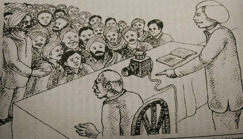 Artistic representation of Sahni delivering a public lecture