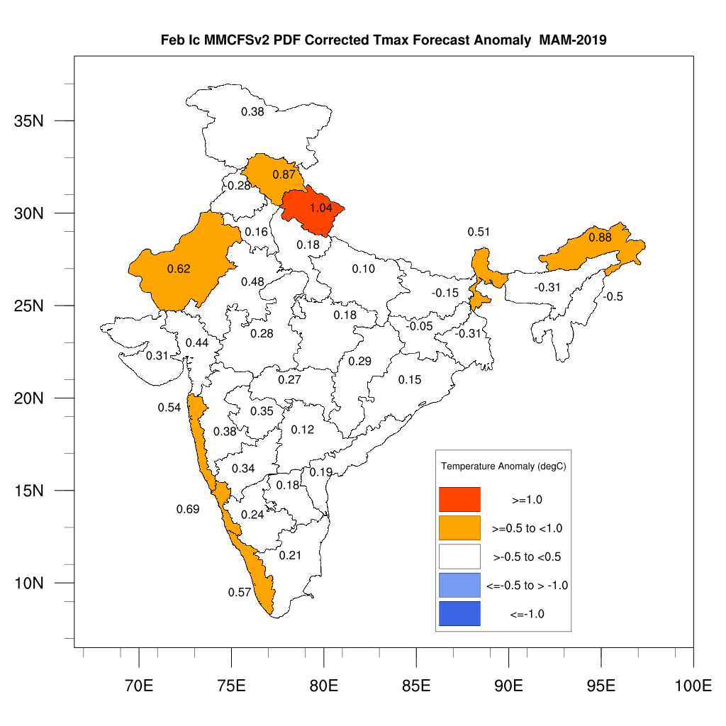 Season averaged maximum temperature anomaly for March to May 2019