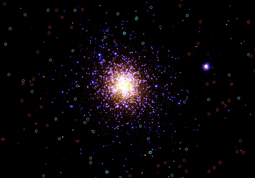 UV image of NGC- 2808 with far-ultraviolet emission shown in blue and near-ultraviolet emission in yellow.