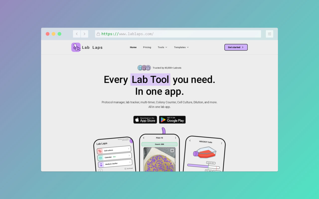 Protocol manager, lab tracker, multi-timer, Colony Counter, Cell Culture, Dilution, and more. All in one lab app.